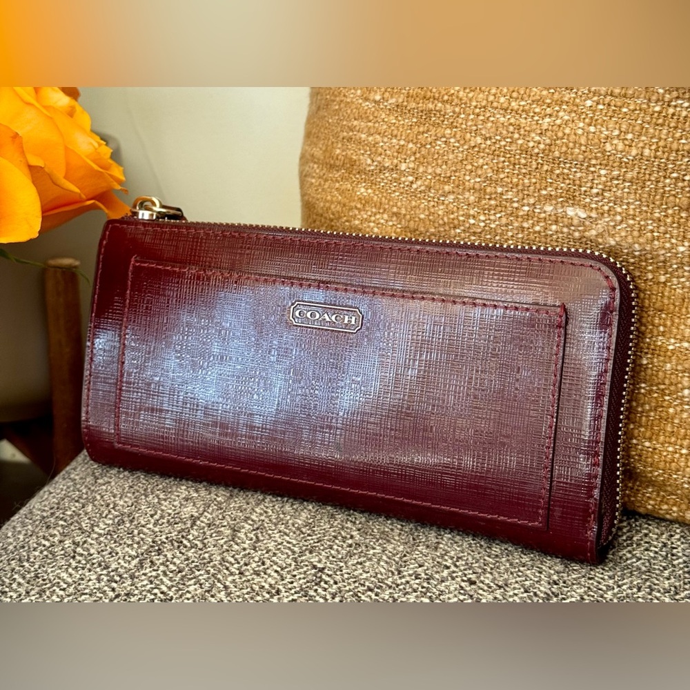Coach Zip Wallet in Burgundy Textured Leather - Picture 2 of 15